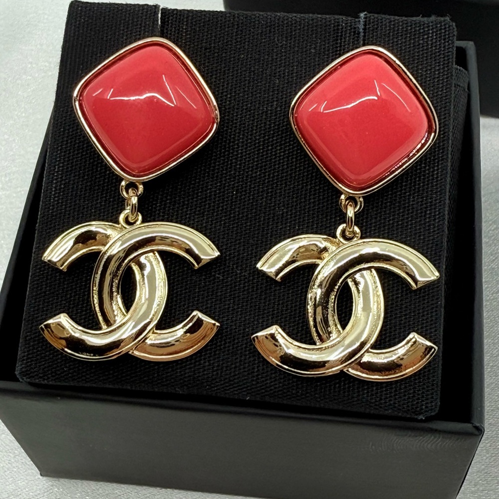 Chanel Pink Enamel Gold CC Dangle Statement Earrings - Picture 2 of 11